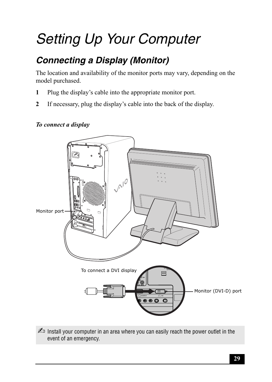 Setting up your computer, Connecting a display (monitor) | Sony PCV-RS710 User Manual | Page 29 / 44