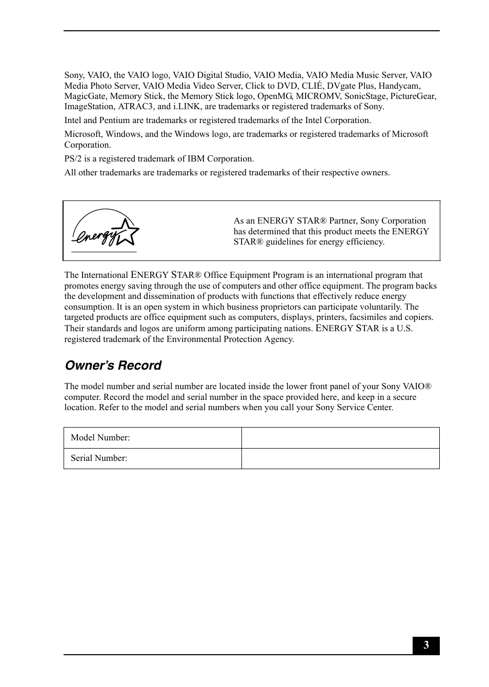 Owner’s record | Sony PCV-RS710 User Manual | Page 3 / 44
