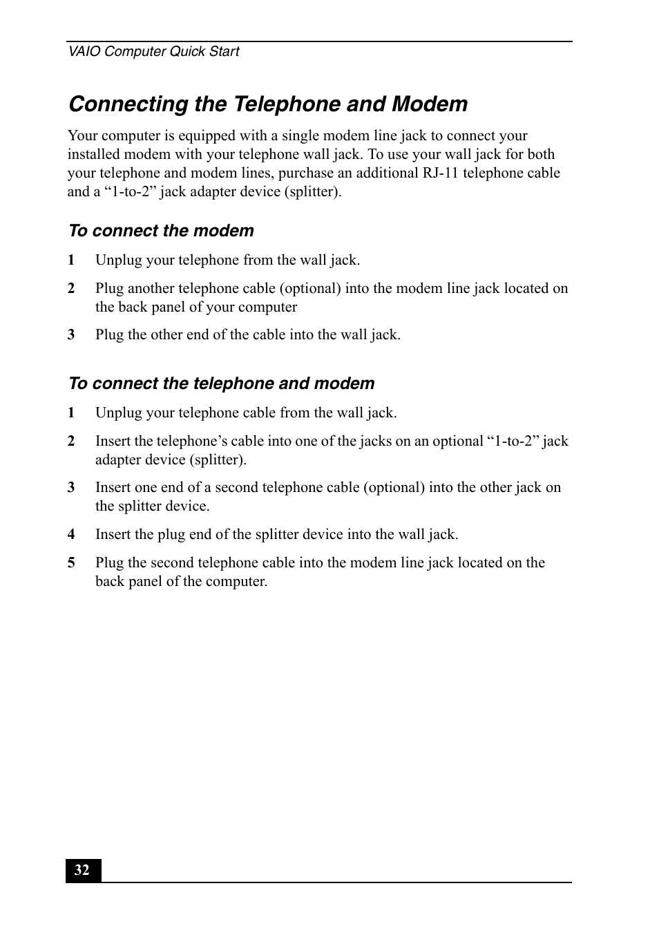 Connecting the telephone and modem | Sony PCV-RS710 User Manual | Page 32 / 44