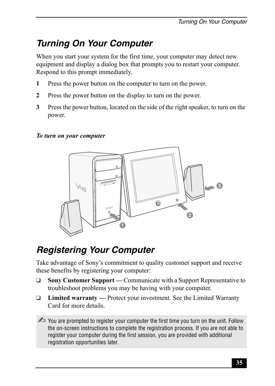 Turning on your computer, Registering your computer | Sony PCV-RS710 User Manual | Page 35 / 44