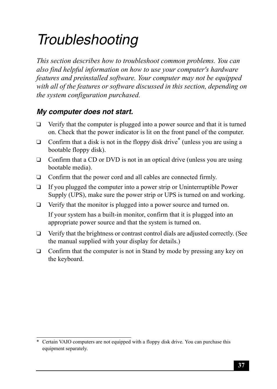 Troubleshooting | Sony PCV-RS710 User Manual | Page 37 / 44