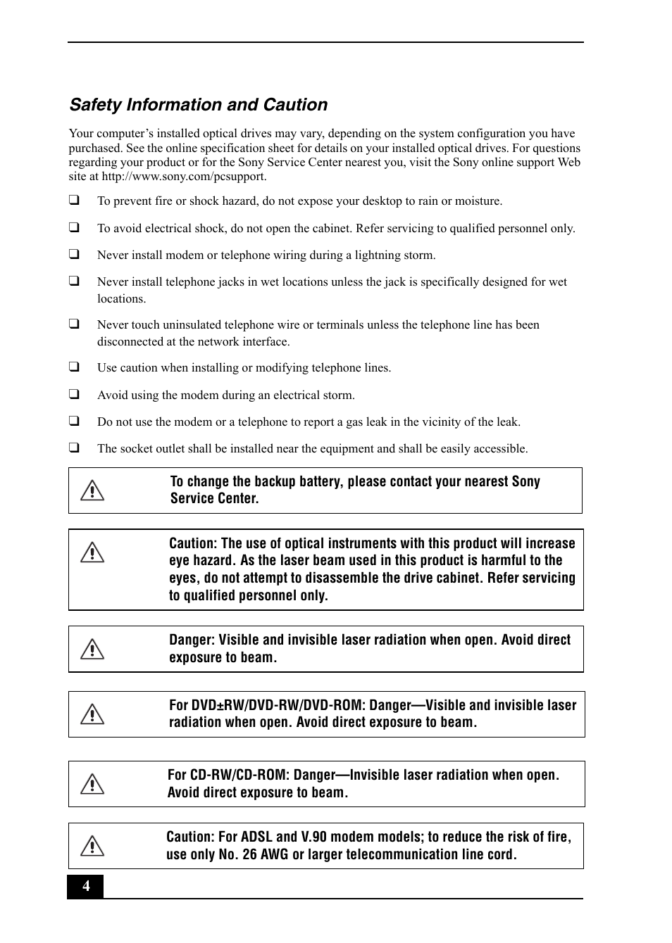 Safety information and caution | Sony PCV-RS710 User Manual | Page 4 / 44