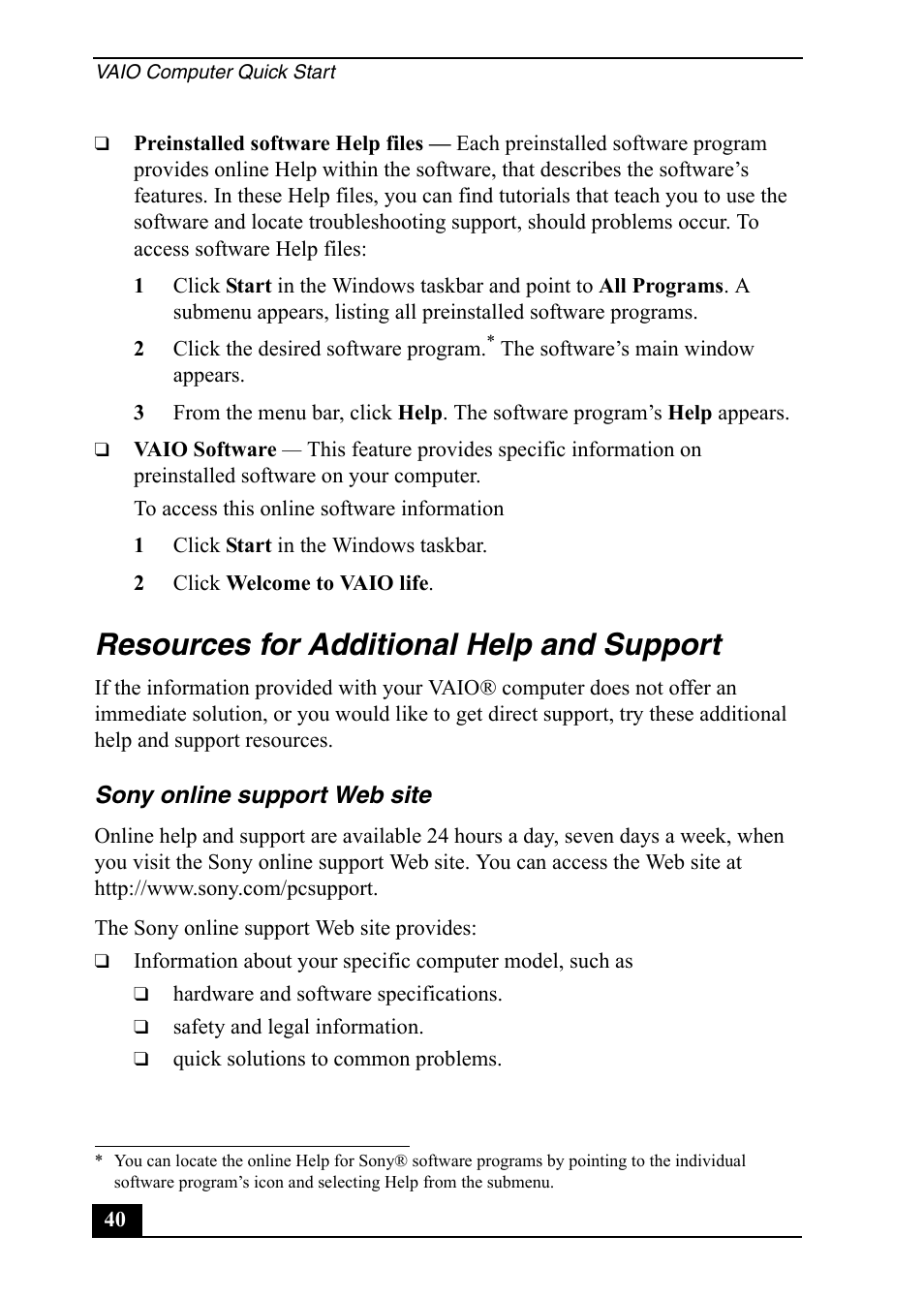 Resources for additional help and support | Sony PCV-RS710 User Manual | Page 40 / 44