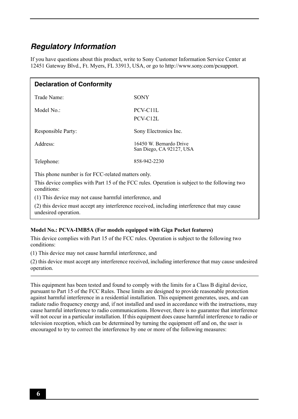 Regulatory information | Sony PCV-RS710 User Manual | Page 6 / 44