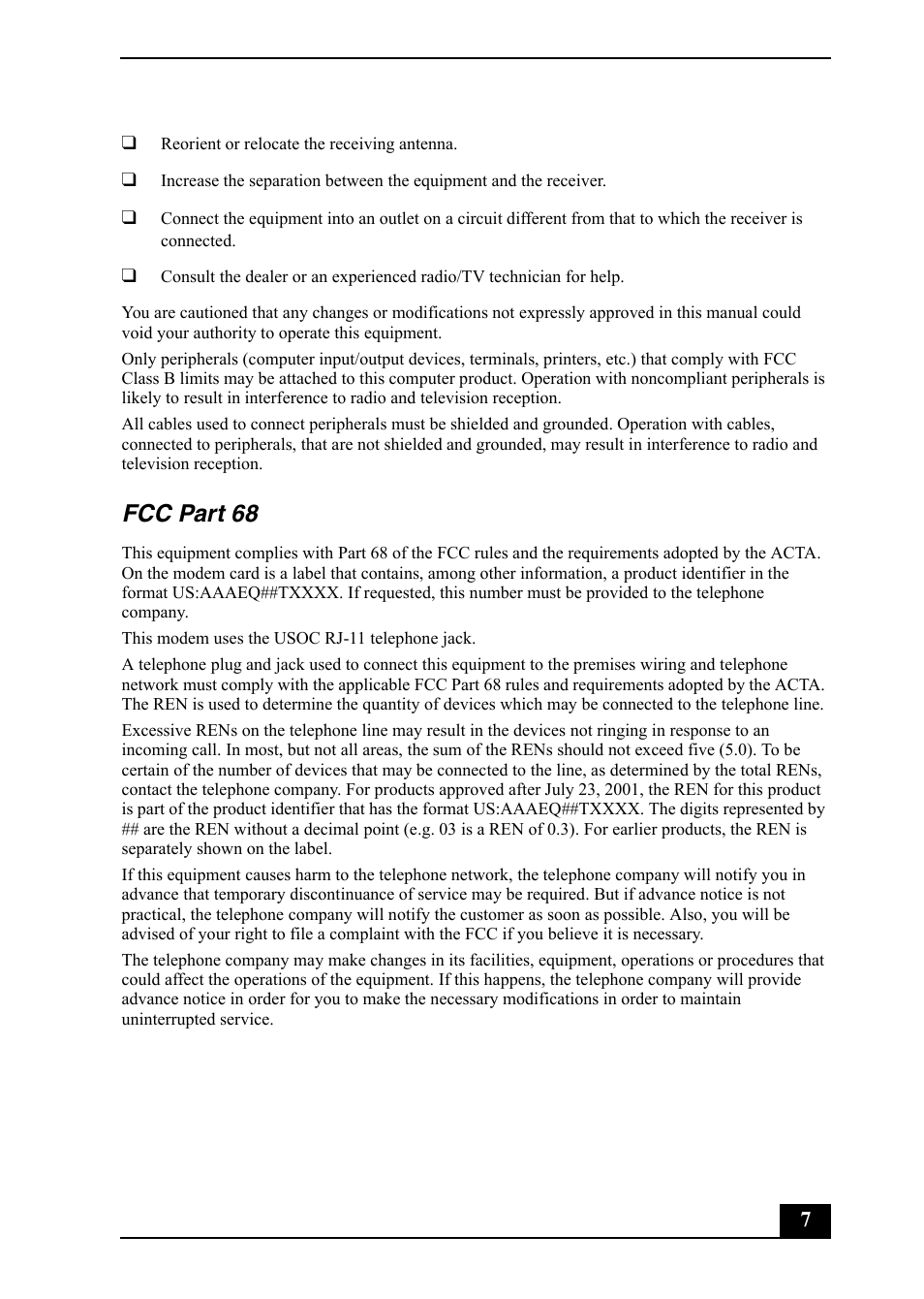 Fcc part 68 | Sony PCV-RS710 User Manual | Page 7 / 44