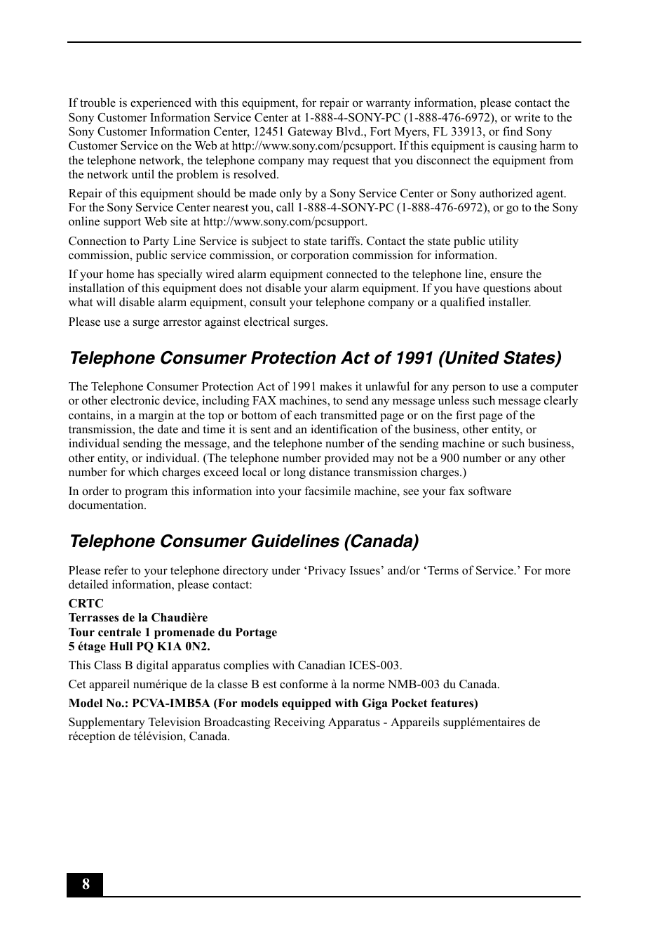 Telephone consumer guidelines (canada) | Sony PCV-RS710 User Manual | Page 8 / 44