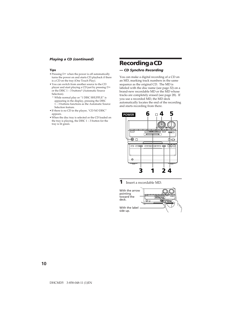 Recording a cd | Sony DHC-MD5 User Manual | Page 10 / 46