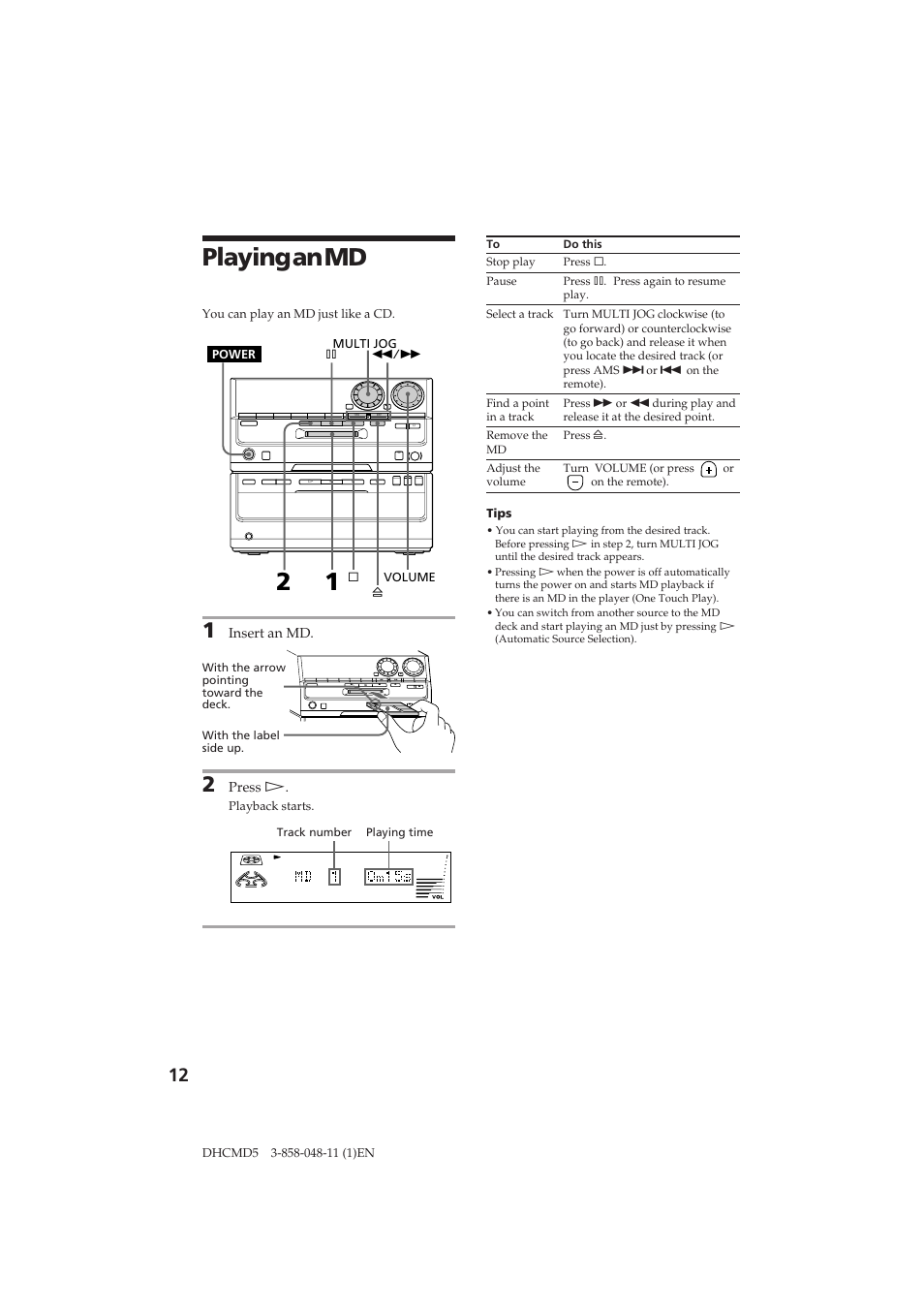 Playing an md, Insert an md, Press | Sony DHC-MD5 User Manual | Page 12 / 46