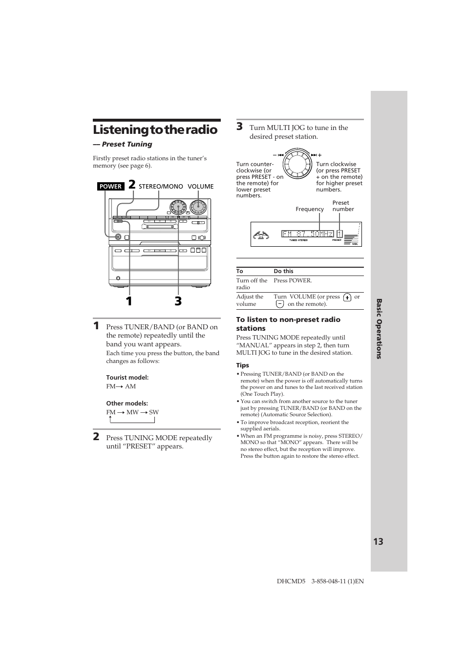 Listening to the radio | Sony DHC-MD5 User Manual | Page 13 / 46