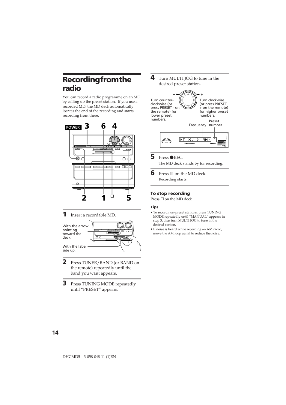 Recording from the radio | Sony DHC-MD5 User Manual | Page 14 / 46