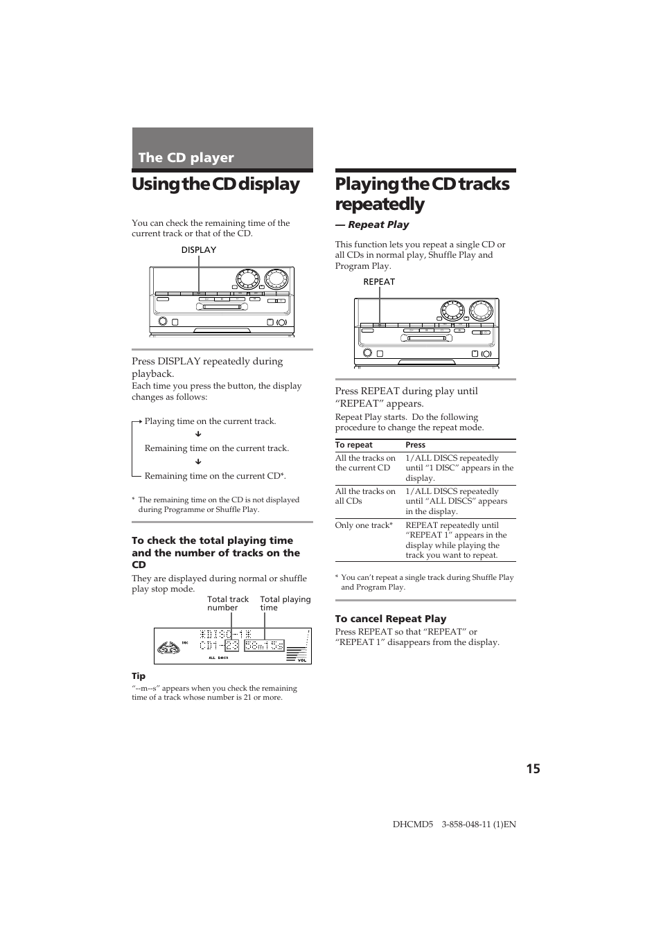 The cd player, Repeat play, Press display repeatedly during playback | Press repeat during play until “repeat” appears | Sony DHC-MD5 User Manual | Page 15 / 46