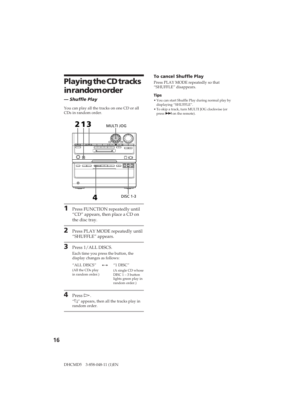Playing the cd tracks in random order | Sony DHC-MD5 User Manual | Page 16 / 46
