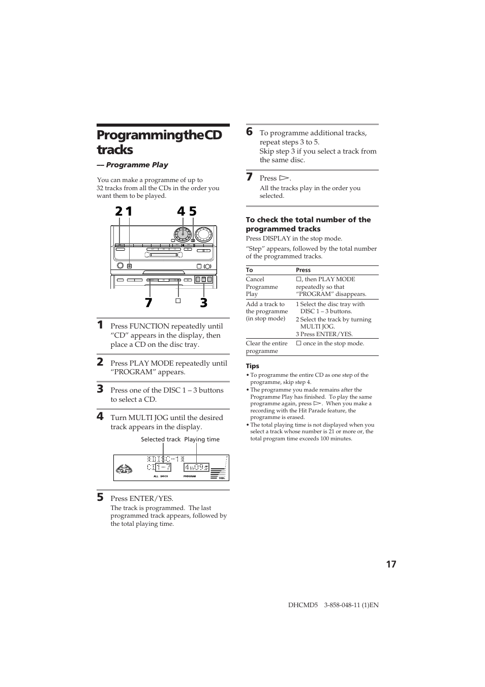 Programming the cd tracks | Sony DHC-MD5 User Manual | Page 17 / 46