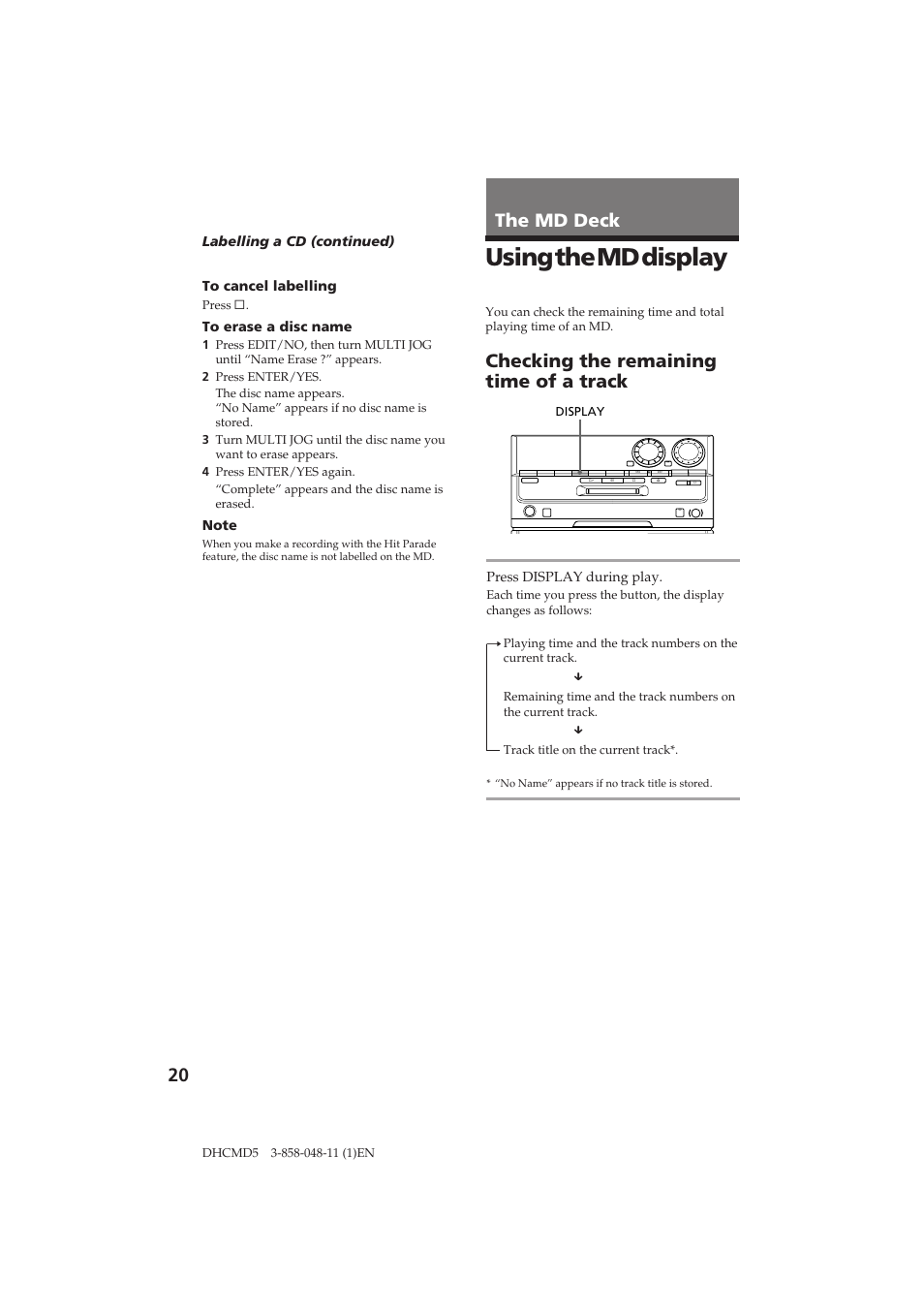 Using the md display, The md deck, Checking the remaining time of a track | Sony DHC-MD5 User Manual | Page 20 / 46
