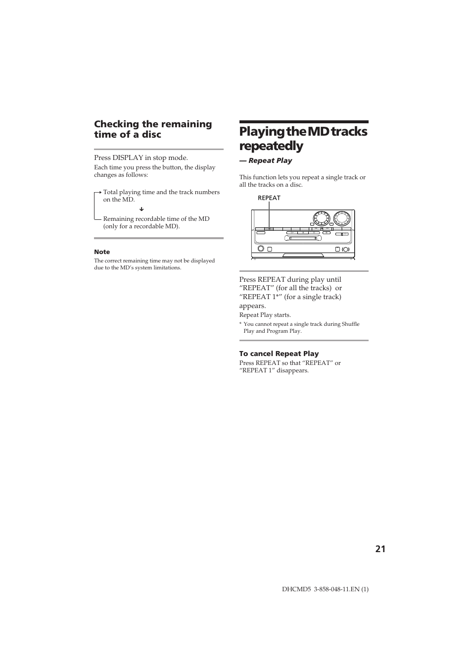 Playing the md tracks repeatedly, 21 checking the remaining time of a disc | Sony DHC-MD5 User Manual | Page 21 / 46