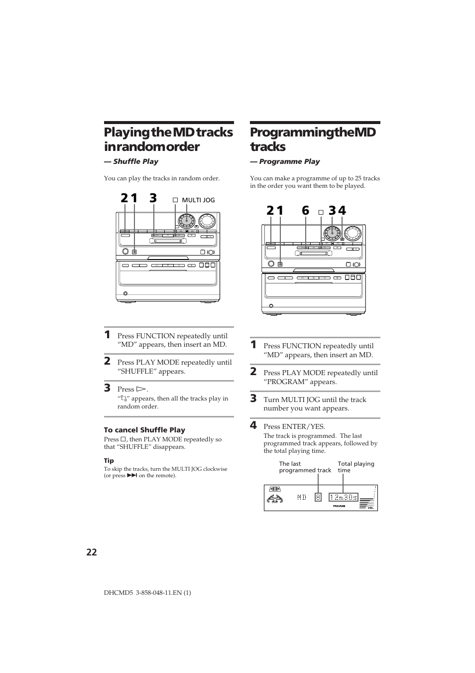 Playing the md tracks in random order, Programming the md tracks | Sony DHC-MD5 User Manual | Page 22 / 46