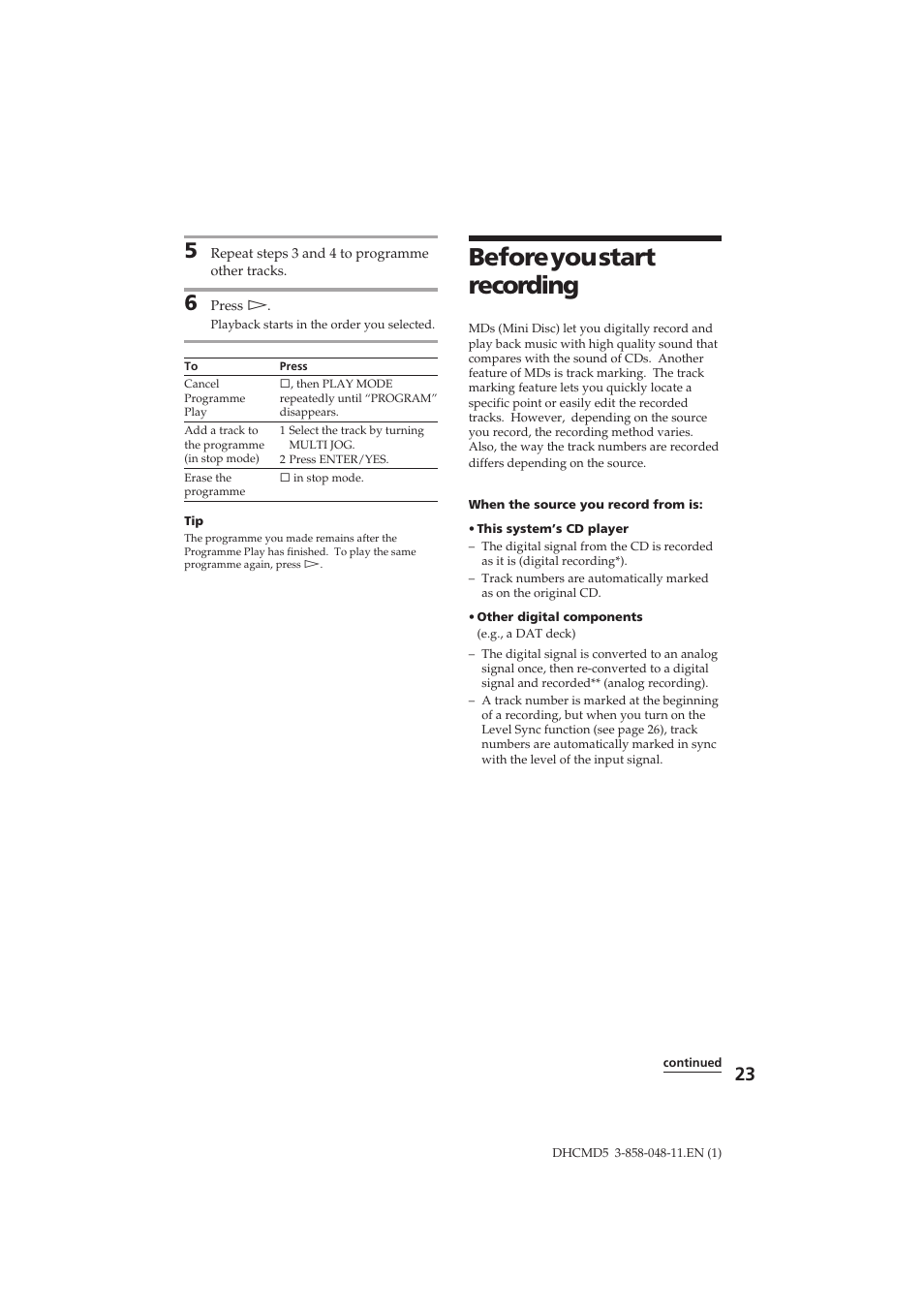 Before you start recording | Sony DHC-MD5 User Manual | Page 23 / 46