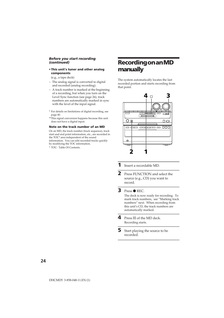 Recording on an md manually | Sony DHC-MD5 User Manual | Page 24 / 46