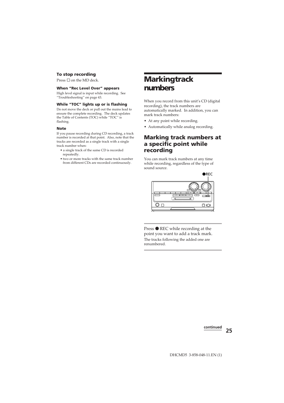 Marking track numbers | Sony DHC-MD5 User Manual | Page 25 / 46