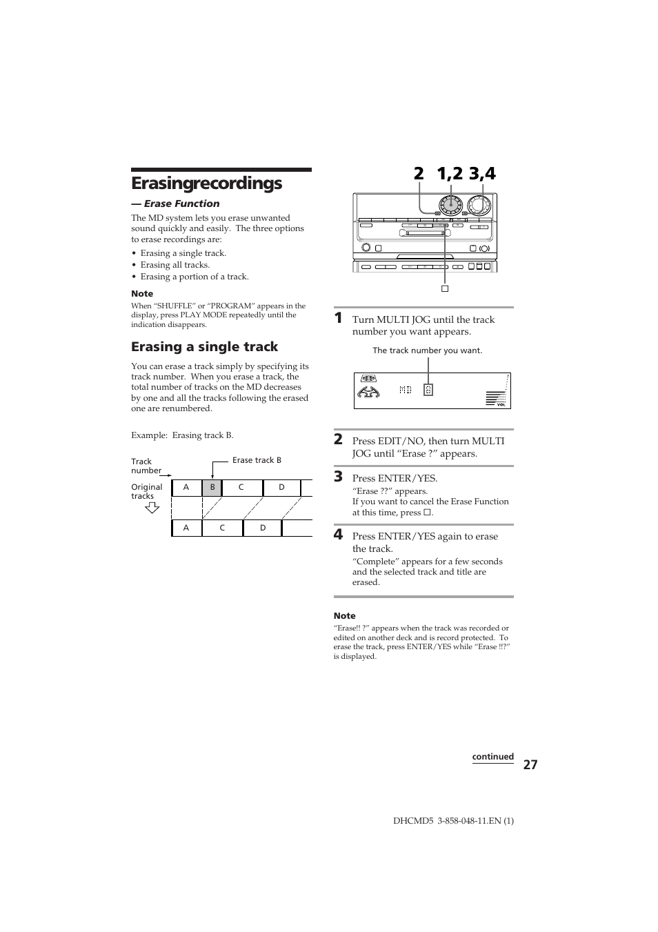 Erasing recordings, Erasing a single track | Sony DHC-MD5 User Manual | Page 27 / 46
