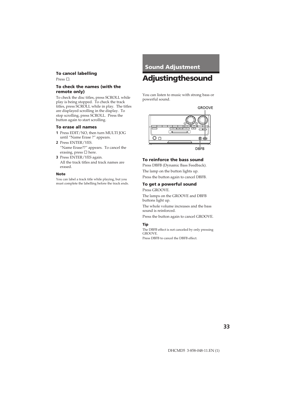 Adjusting the sound, 33 sound adjustment | Sony DHC-MD5 User Manual | Page 33 / 46