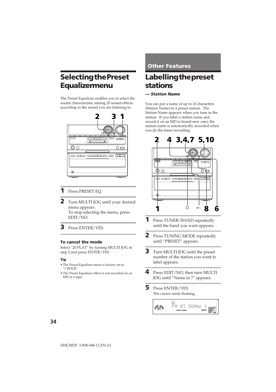 Labelling the preset stations, Selecting the preset equalizer menu, 34 other features | Sony DHC-MD5 User Manual | Page 34 / 46