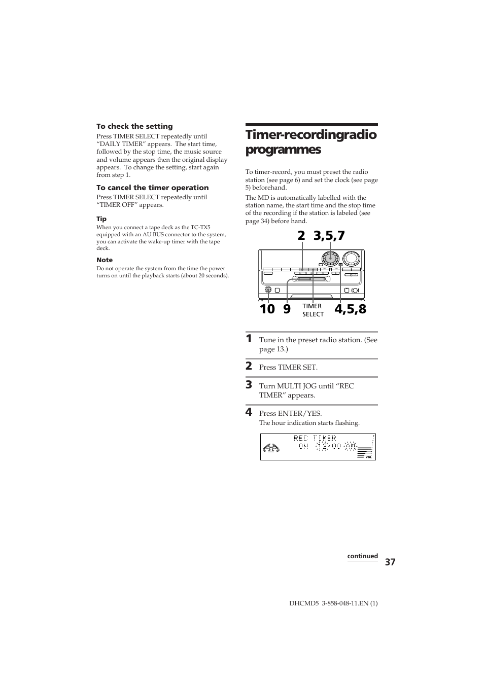 Timer-recording radio programmes | Sony DHC-MD5 User Manual | Page 37 / 46