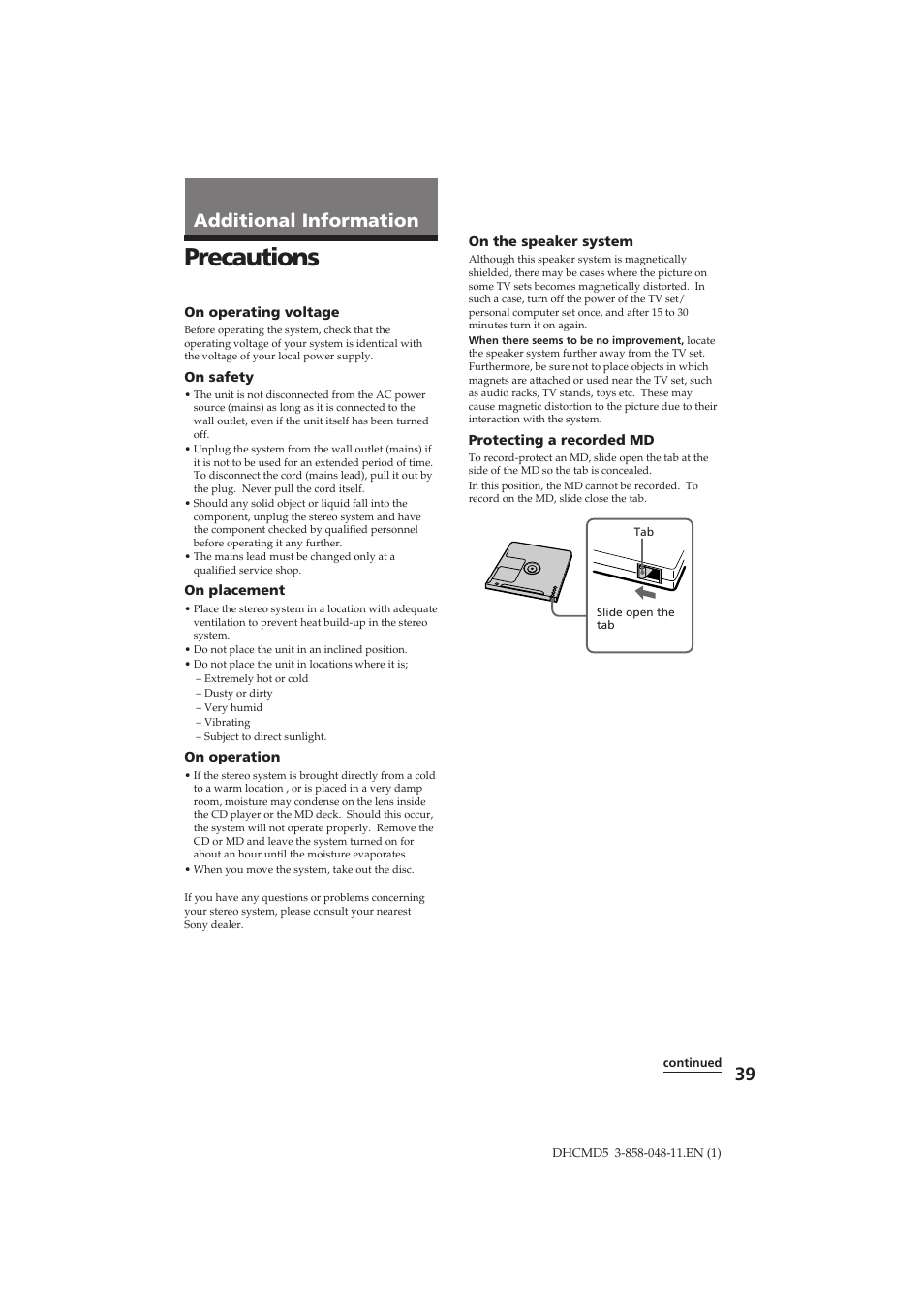 Precautions, 39 additional information | Sony DHC-MD5 User Manual | Page 39 / 46