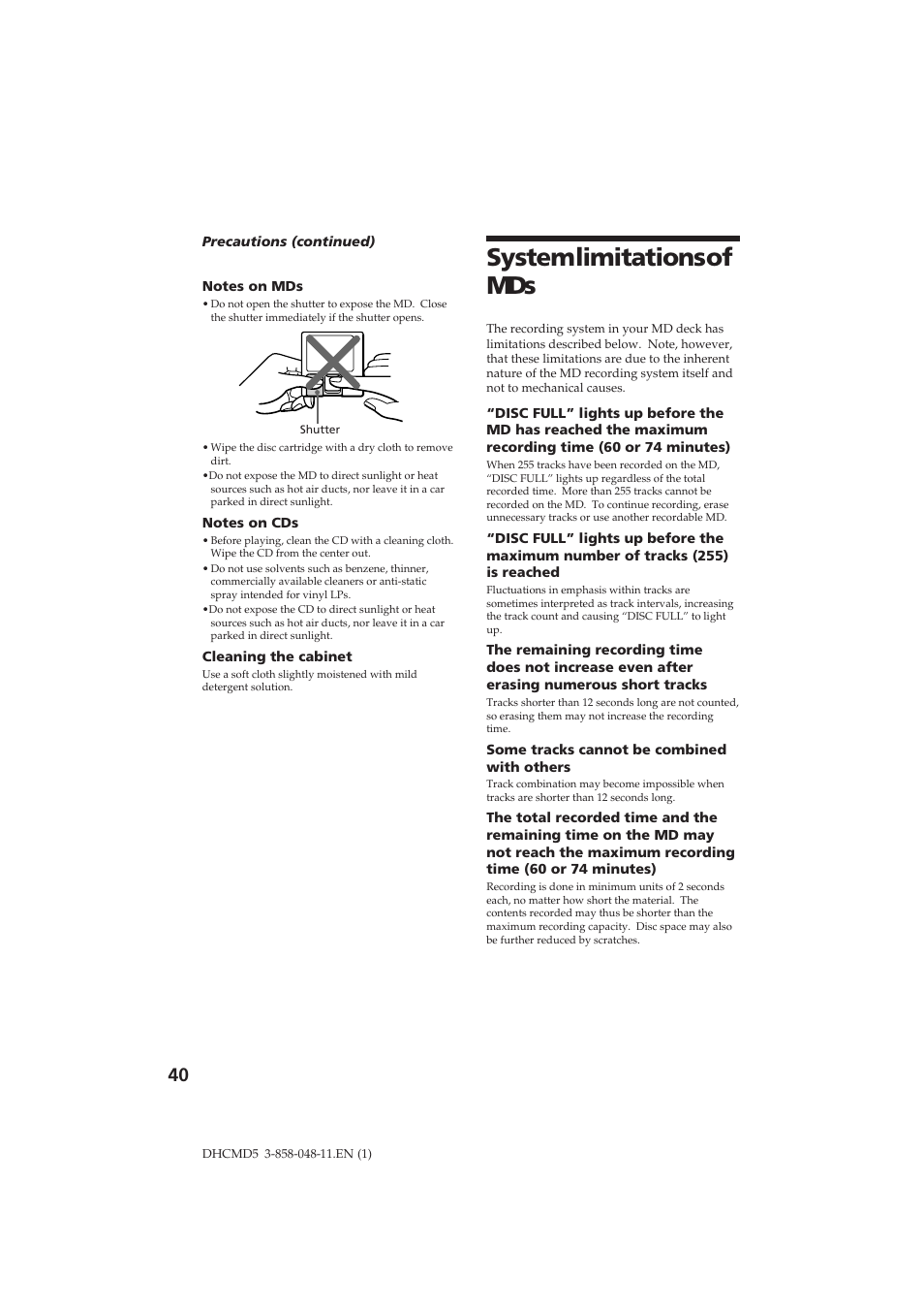 System limitations of mds | Sony DHC-MD5 User Manual | Page 40 / 46
