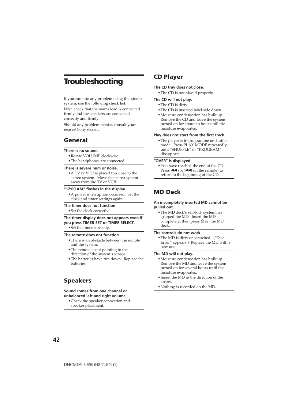 Troubleshooting, General, Speakers | Cd player, Md deck | Sony DHC-MD5 User Manual | Page 42 / 46