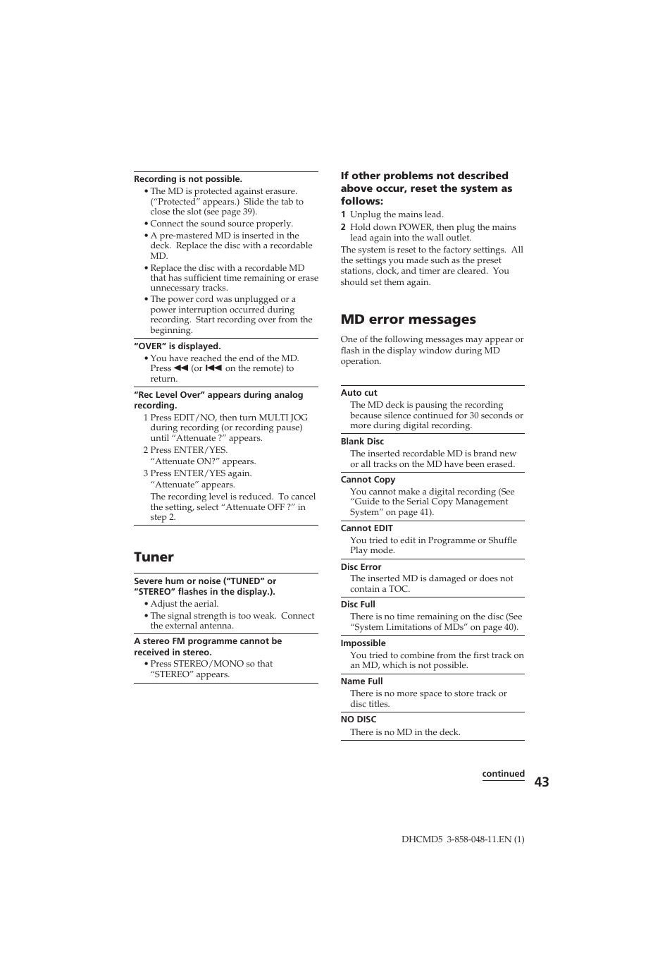 Tuner, Md error messages | Sony DHC-MD5 User Manual | Page 43 / 46