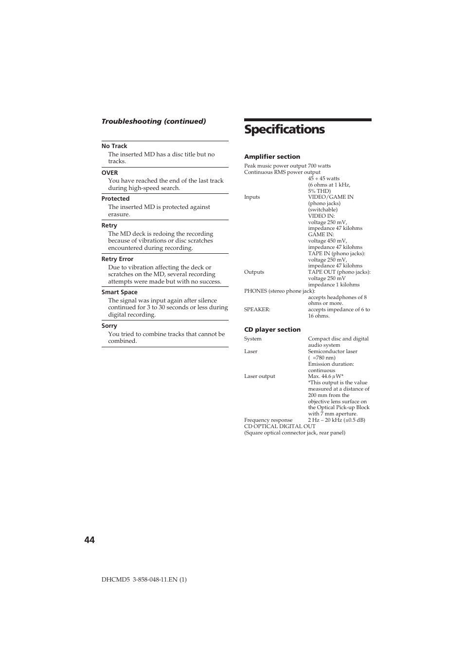 Specifications | Sony DHC-MD5 User Manual | Page 44 / 46