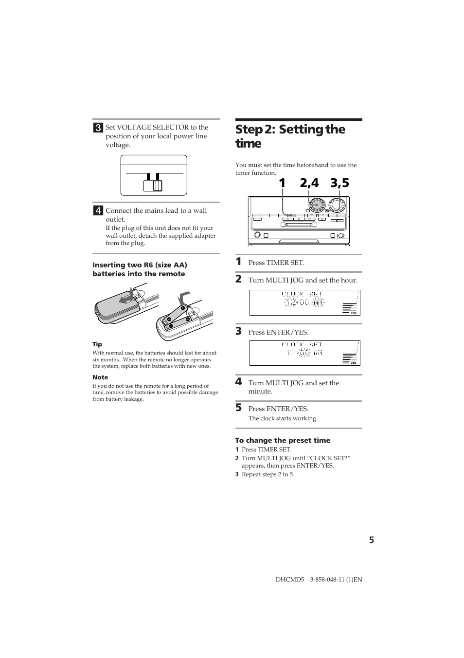 Step 2: setting the time | Sony DHC-MD5 User Manual | Page 5 / 46