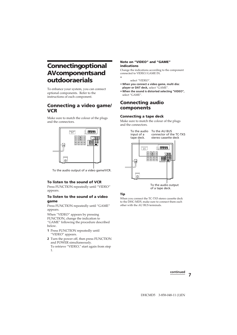Connecting audio components, Connecting a video game/ vcr | Sony DHC-MD5 User Manual | Page 7 / 46