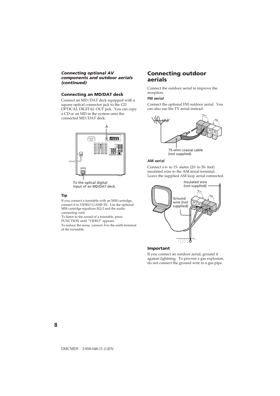 Connecting outdoor aerials | Sony DHC-MD5 User Manual | Page 8 / 46