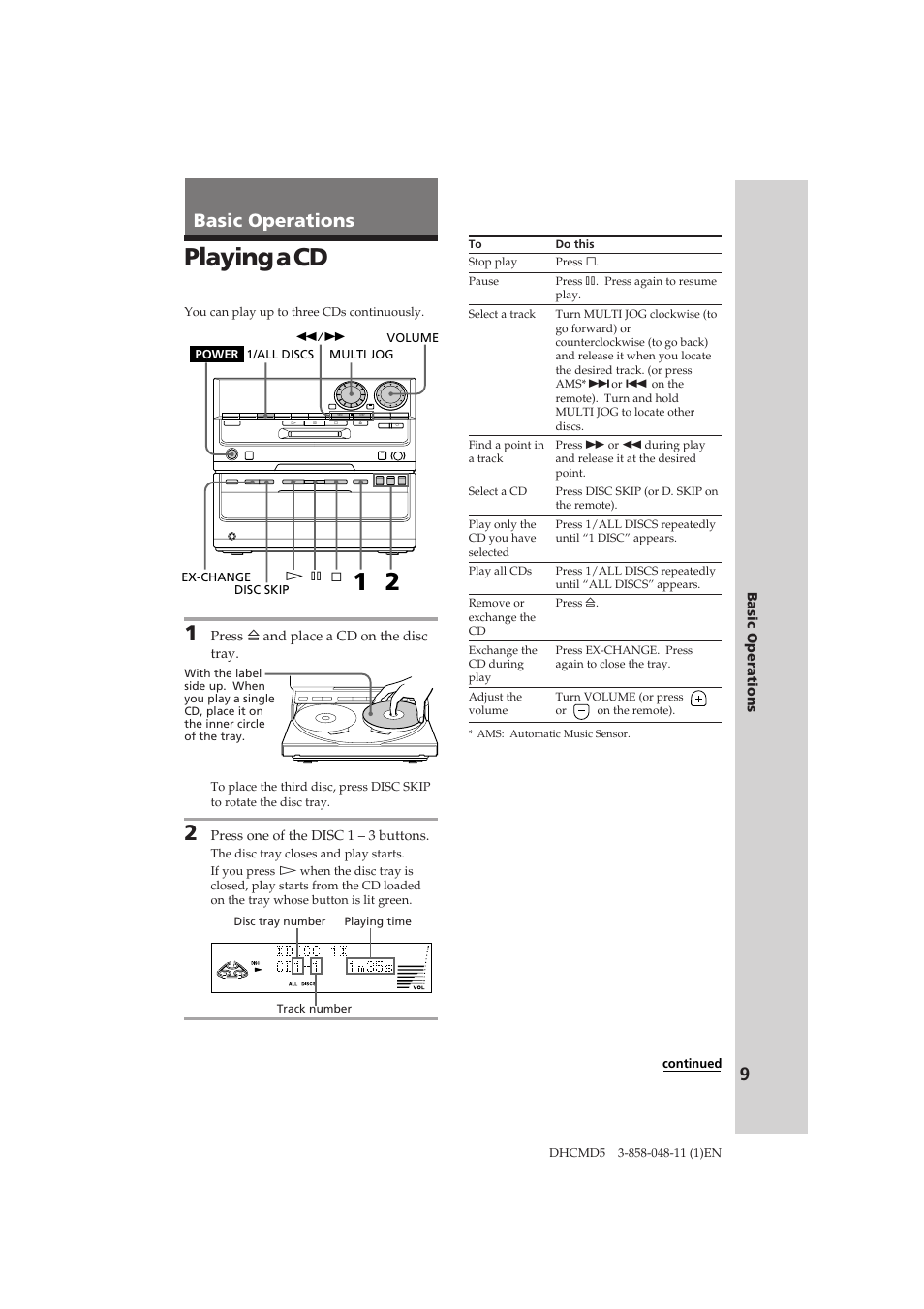 Playing a cd, 9basic operations | Sony DHC-MD5 User Manual | Page 9 / 46