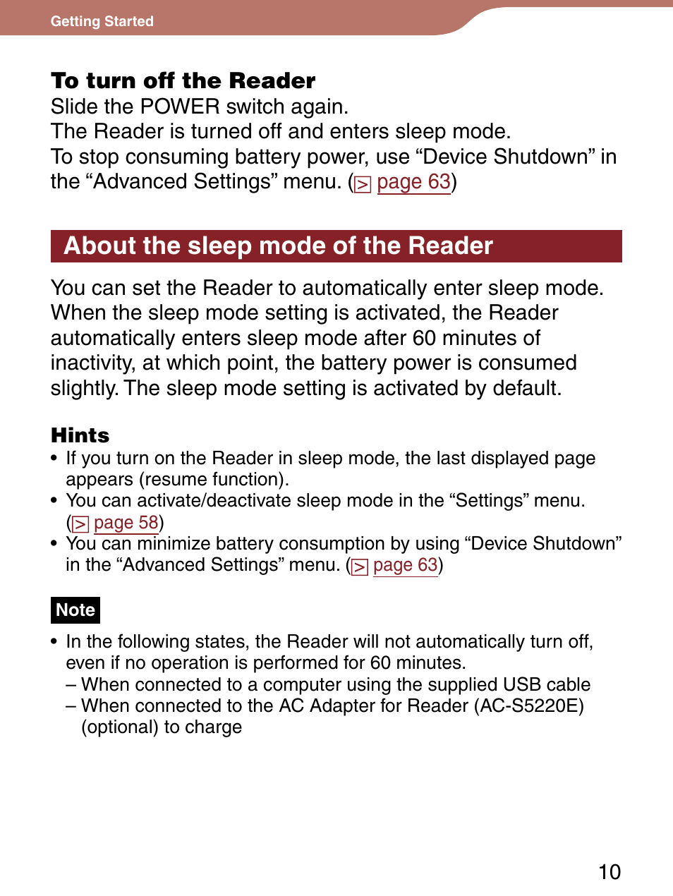 About the sleep mode of the reader | Sony Reader 4-151-151-13(1) User Manual | Page 10 / 92