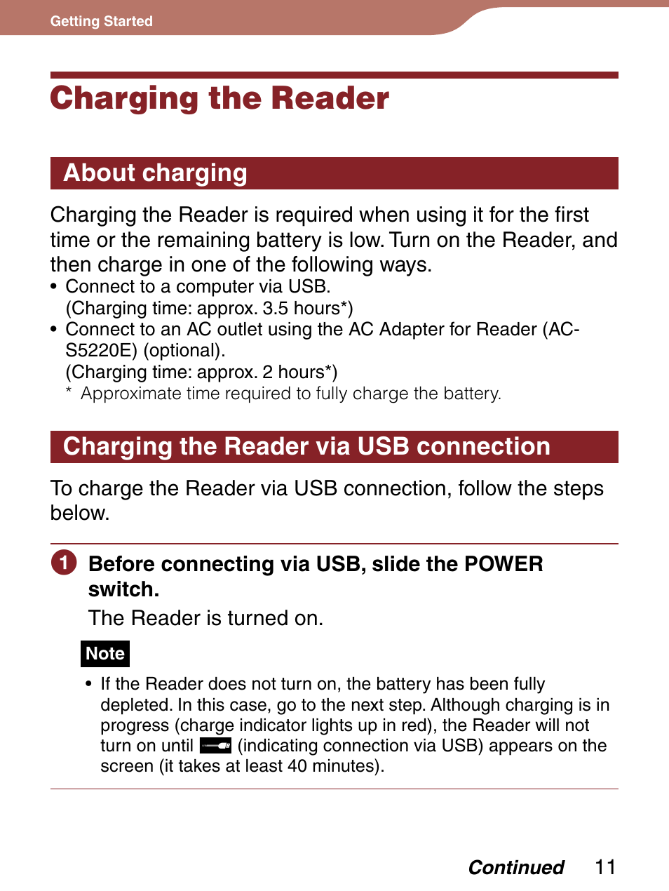 Charging the reader, About charging, Charging the reader via usb connection | Sony Reader 4-151-151-13(1) User Manual | Page 11 / 92