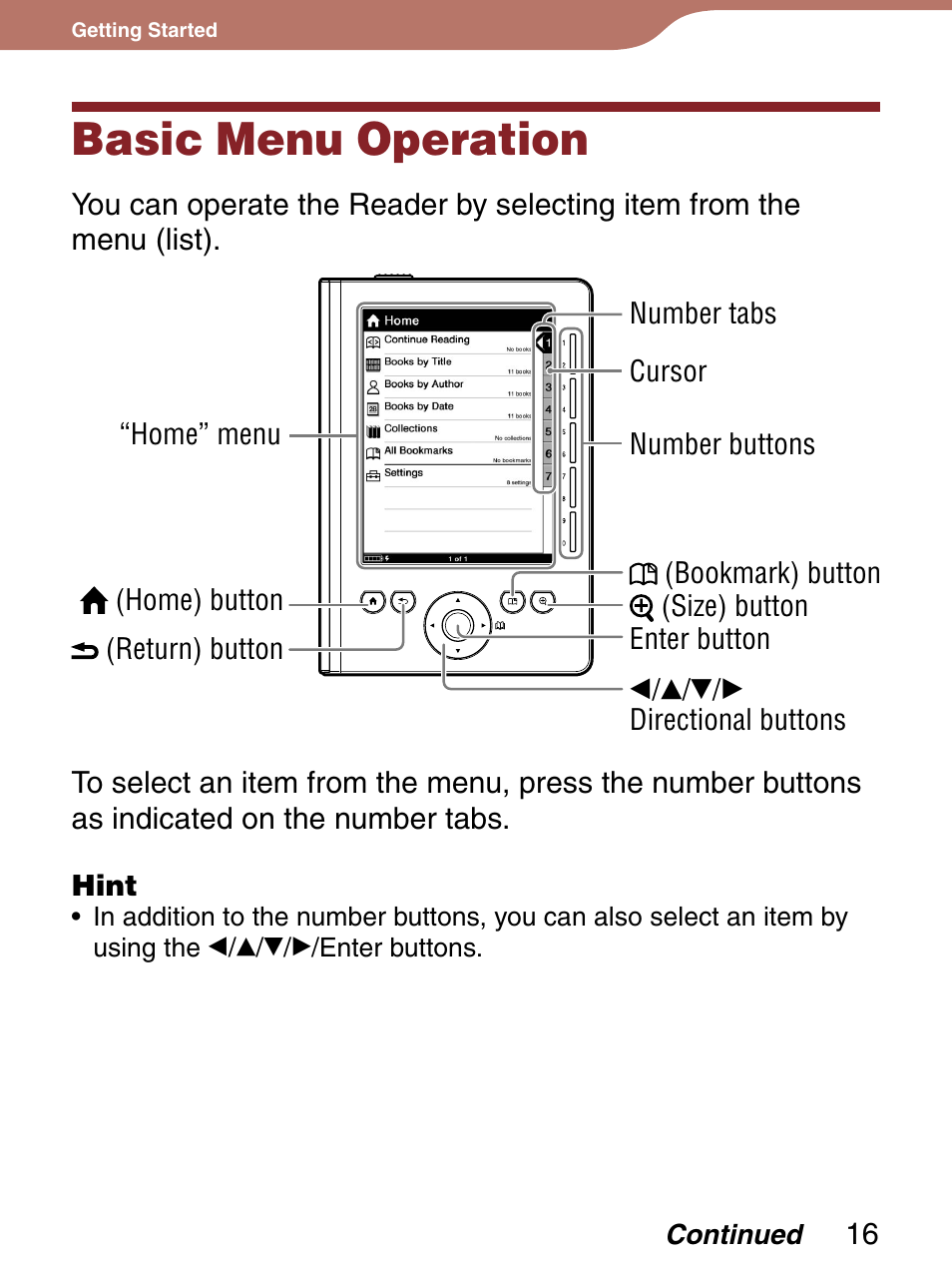 Basic menu operations, Basic menu operation | Sony Reader 4-151-151-13(1) User Manual | Page 16 / 92