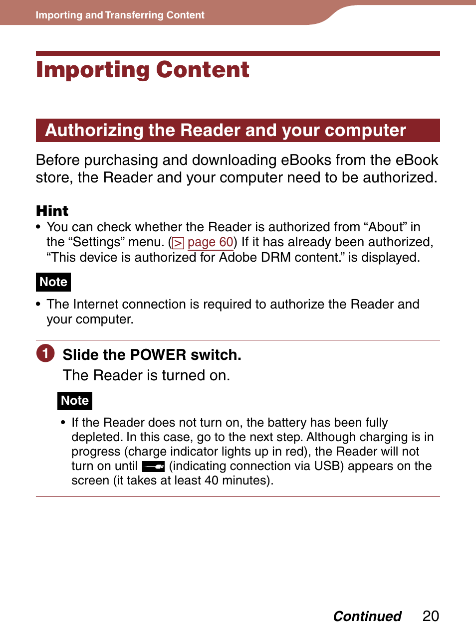 Importing and transferring content, Importing content, Authorizing the reader and your computer | Sony Reader 4-151-151-13(1) User Manual | Page 20 / 92