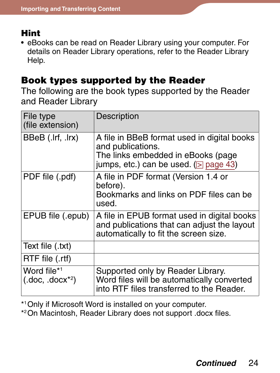 Book types supported by the reader | Sony Reader 4-151-151-13(1) User Manual | Page 24 / 92