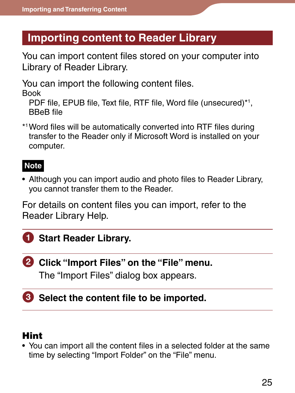 Importing content to reader library | Sony Reader 4-151-151-13(1) User Manual | Page 25 / 92