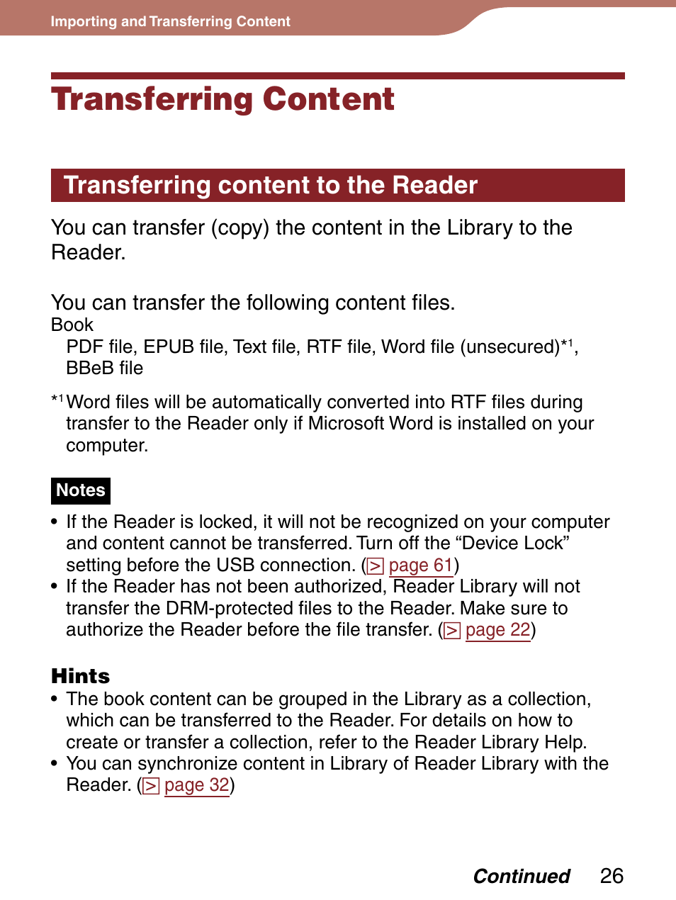 Transferring content, Transferring content to the reader | Sony Reader 4-151-151-13(1) User Manual | Page 26 / 92