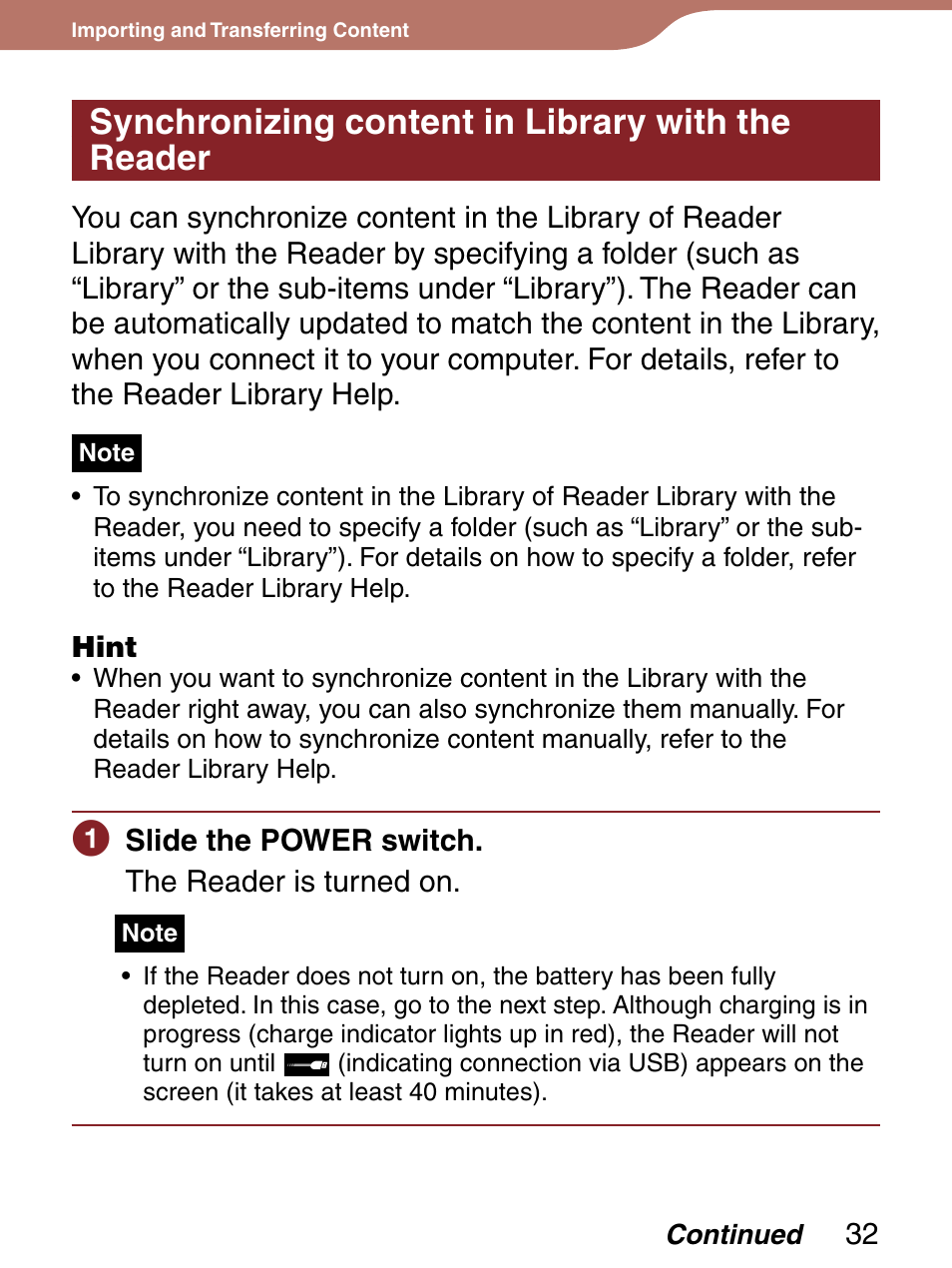 Synchronizing content in library with thereader, Synchronizing content in library with the reader | Sony Reader 4-151-151-13(1) User Manual | Page 32 / 92