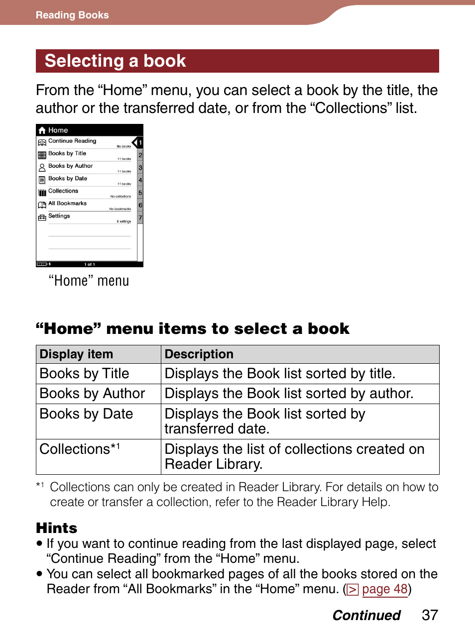 Selecting a book, Home” menu items to select a book | Sony Reader 4-151-151-13(1) User Manual | Page 37 / 92