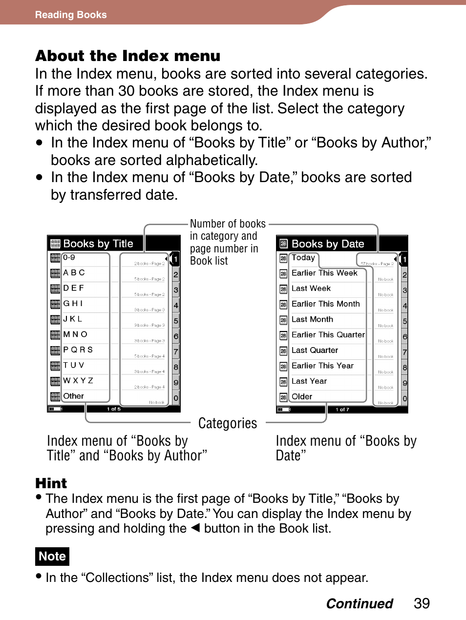 About the index menu | Sony Reader 4-151-151-13(1) User Manual | Page 39 / 92