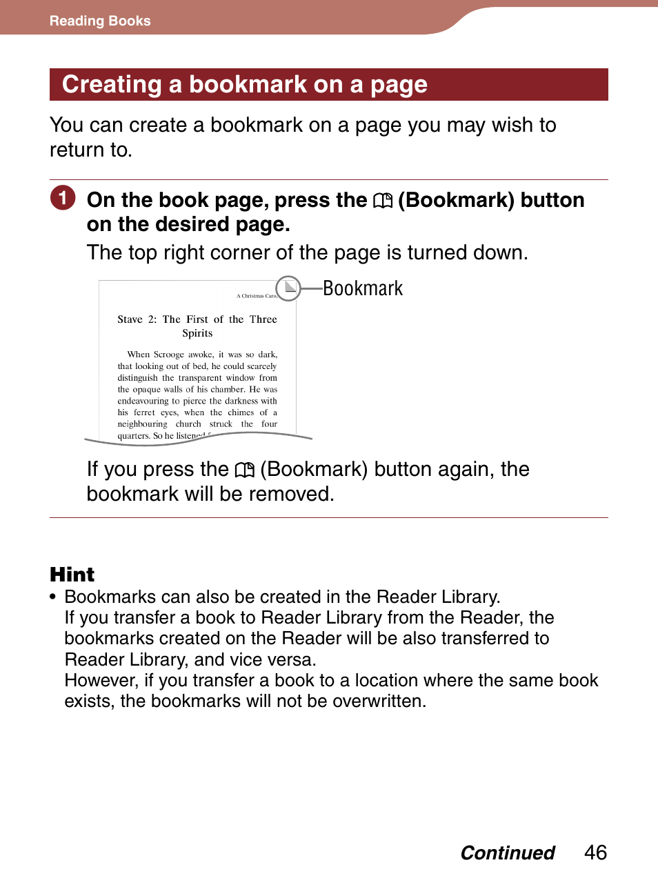 Creating a bookmark on a page | Sony Reader 4-151-151-13(1) User Manual | Page 46 / 92