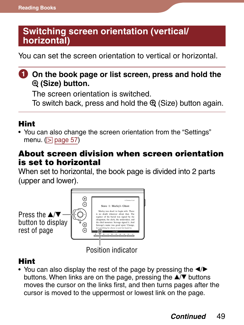 Switching screen orientation (vertical/horizonta, Switching screen orientation (vertical/horizontal) | Sony Reader 4-151-151-13(1) User Manual | Page 49 / 92