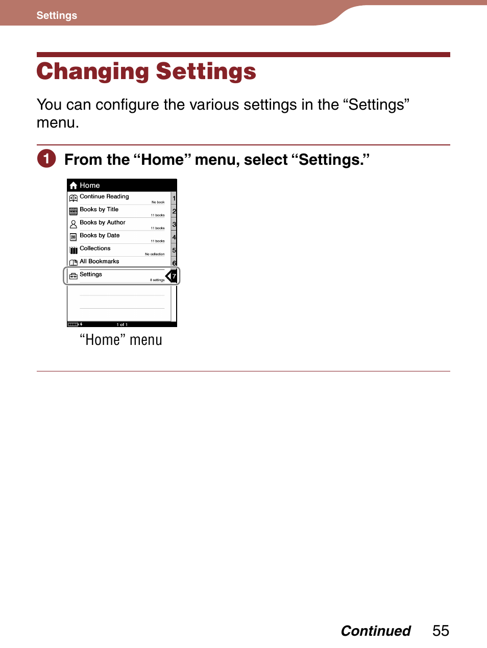 Settings, Changing settings | Sony Reader 4-151-151-13(1) User Manual | Page 55 / 92