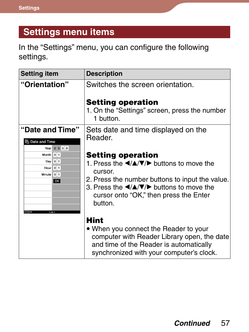 Settings menu items | Sony Reader 4-151-151-13(1) User Manual | Page 57 / 92